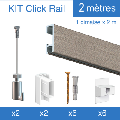 Kit Click-rail 200cm Alu Brossé Artiteq, 2 crochets 15 kg, 2 fils perlon Twister + 6 fixations