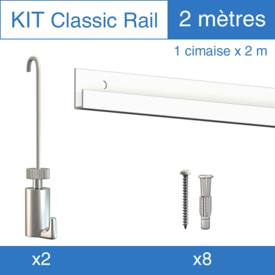 Kit Classic-Rail 200cm Artiteq, 2 crochets 15kg, 2 tiges 2mm + 8 fixations