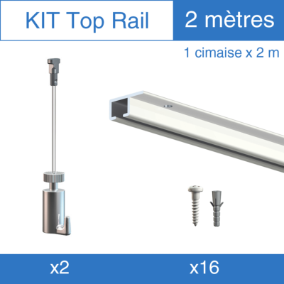 Kit cimaise Top-Rail fixation plafond Artiteq, crochet 15kg, 2 fils perlon twister + 16 fixations