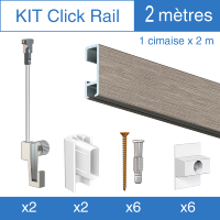 Kit Click-rail alu brossé 200cm Artiteq, 2 crochets 4kg, 2 fils perlon Twister, 2 embouts + 6 fixations