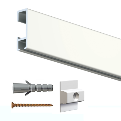 Cimaise Click Rail Blanc laqué 200 cm + clips de fixation + vis & chevilles murs