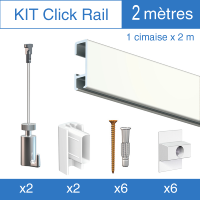 Kit Click-rail blanc laqué 200cm Artiteq, 2 crochets 15kg, 2 fils perlon Twister, 2 embouts + 6 fixations