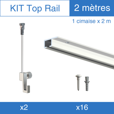 Kit cimaise Top-Rail fixation plafond Artiteq, 2 crochets 4kg, 2 fils perlon twister + 16 fixations