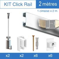 Kit Click-rail blanc brut 200cm Artiteq, 2 crochets 15kg, 2 fils perlon Twister, 2 embouts + 6 fixations