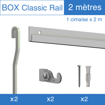 Kit Classic-Rail 200cm Gris Artiteq, 2 crochets 40kg, 2 tiges coudées 150cm + 8 fixations