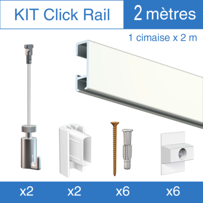 Kit Click-rail blanc laqué 200cm Artiteq, 2 crochets 15kg, 2 fils perlon Twister, 2 embouts + 6 fixations