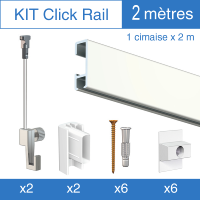 Kit Click-rail blanc laqué 200 cm Artiteq, 2 crochets 4 kg, 2 fils perlon Twister, 2 embouts + 6 fixations