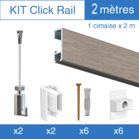 Kit Click-rail 200cm Alu Brossé Artiteq, 2 crochets 15 kg, 2 fils perlon Twister + 6 fixations