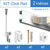 Kit Click-rail blanc mat à peindre 200cm Artiteq, 2 crochets 4kg, 2 fils perlon Twister, 2 embouts + 6 fixations